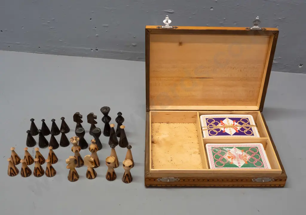 carved wooden souvenir games set with chess pieces - top marked with inlaid metal & wood - eagle and olympic logo, Image 1++