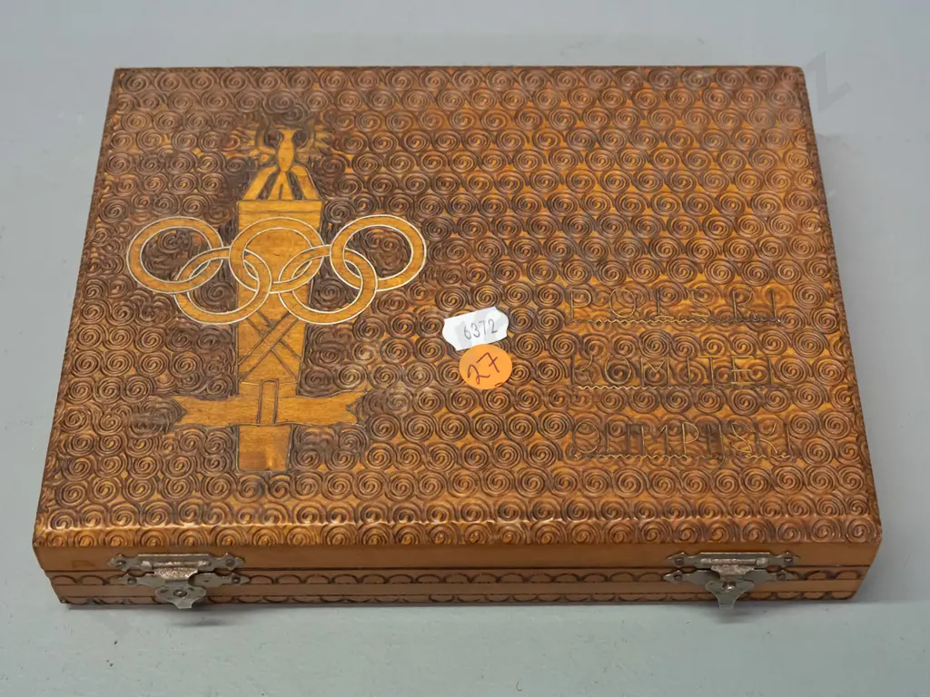 carved wooden souvenir games set with chess pieces - top marked with inlaid metal & wood - eagle and olympic logo, Image 1++