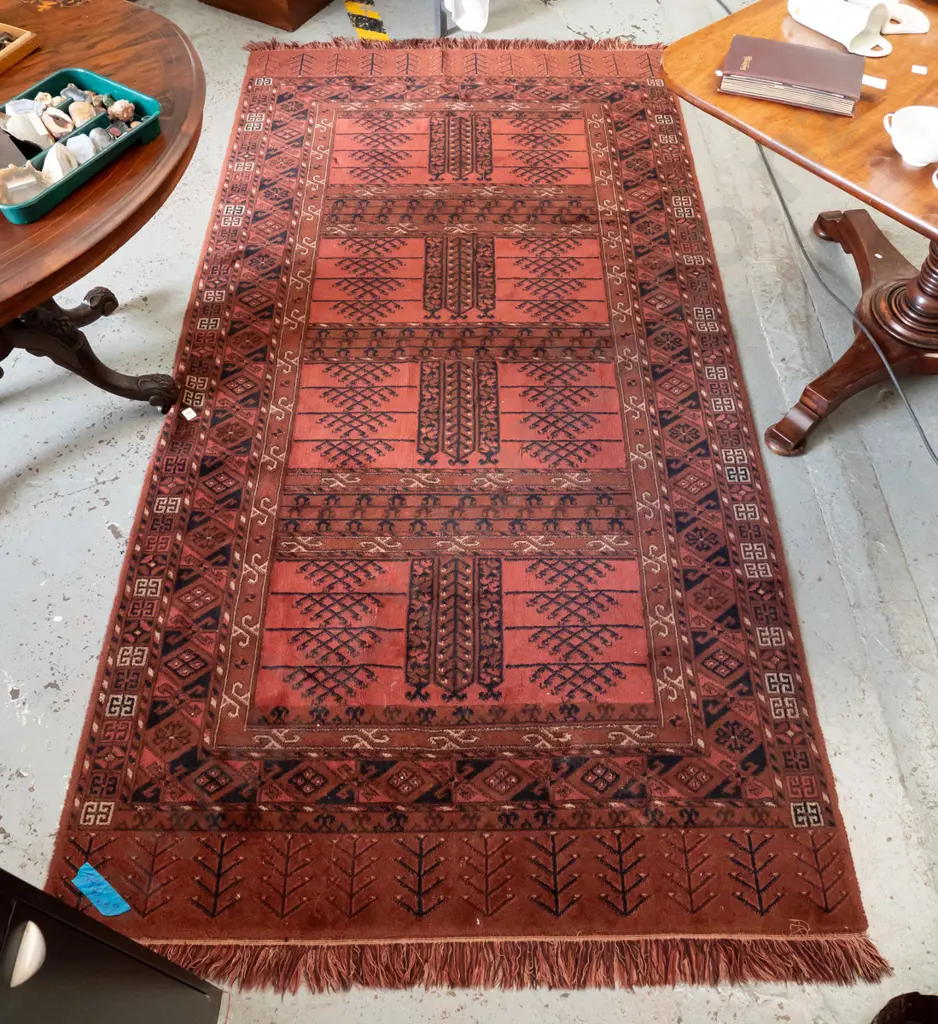 Persian style wool floor rug in reds, browns and blues - some staining, 2 spots of damaged pile L-2740 W-1390 Image 1++