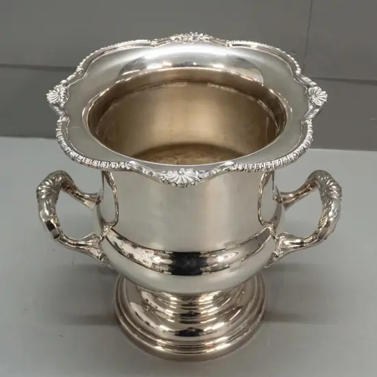 plated wine cooler / champagne bucket with handles, scalloped pattern rim H-240