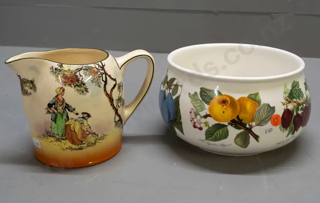 Portmeirion Pomona bowl - some staining - H-110 D-180 and a vintage Royal Doulton "Gleaners" jug Image 1++