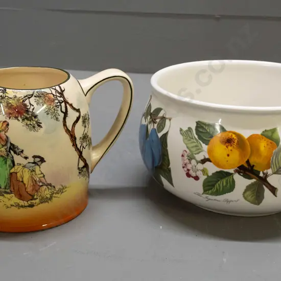Portmeirion Pomona bowl - some staining - H-110 D-180 and a vintage Royal Doulton "Gleaners" jug