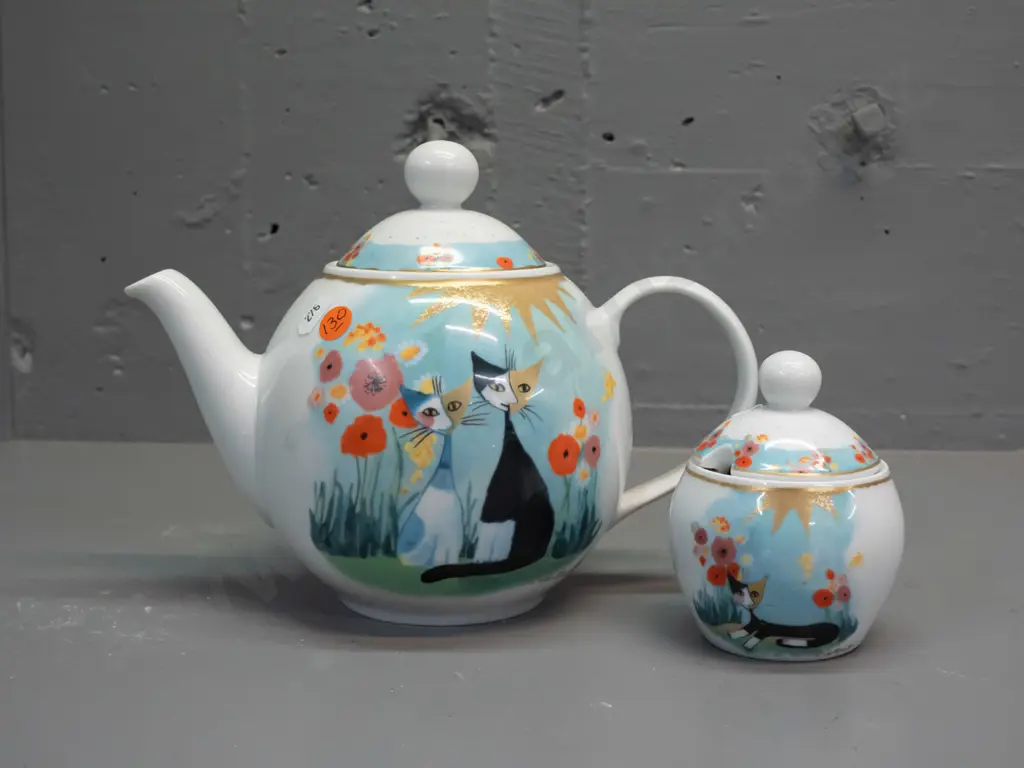 Goebel Rosina Wachtmeister cat-themed teapot and lidded sugar bowl, teapot is H-190 L-230. Some sugar residue in bowl, Image 1++