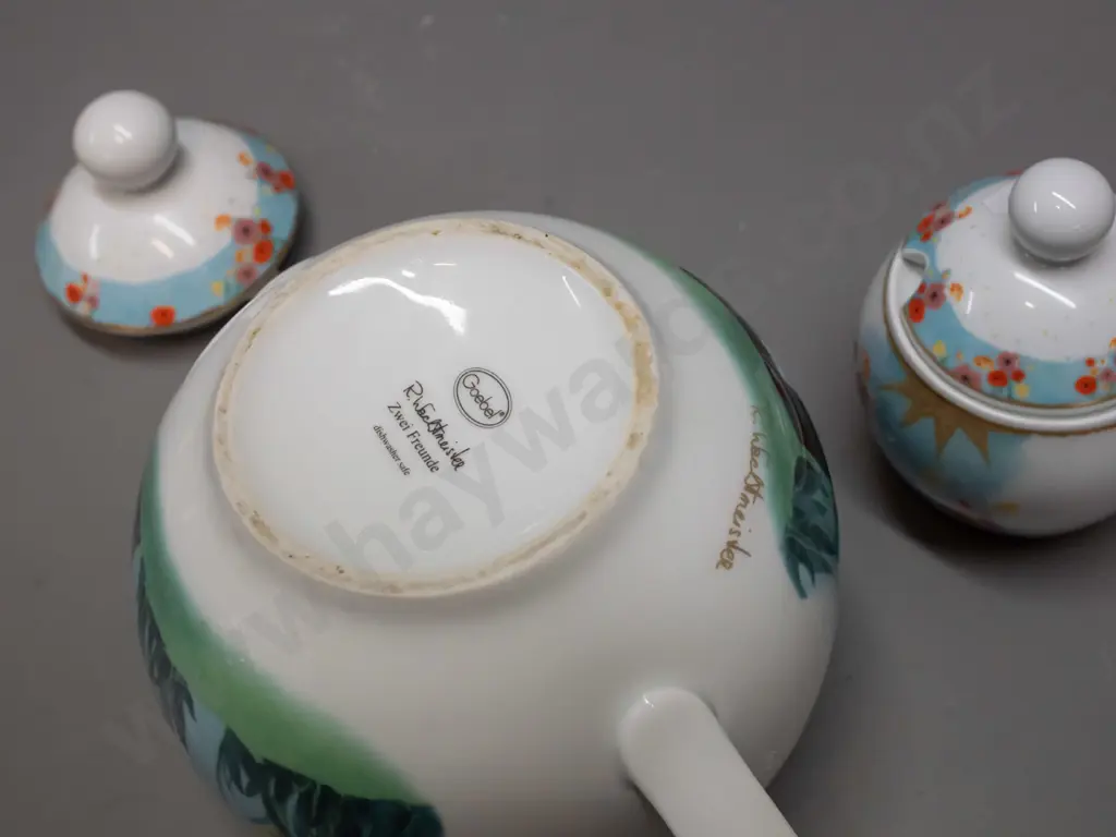 Goebel Rosina Wachtmeister cat-themed teapot and lidded sugar bowl, teapot is H-190 L-230. Some sugar residue in bowl, Image 1++
