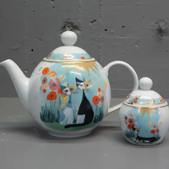 Goebel Rosina Wachtmeister cat-themed teapot and lidded sugar bowl, teapot is H-190 L-230. Some sugar residue in bowl,