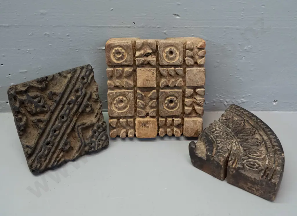 3 Afghani carved wood fabric printing blocks - age wear & cracks, largest is H-50 L-160 W-150 Image 1++