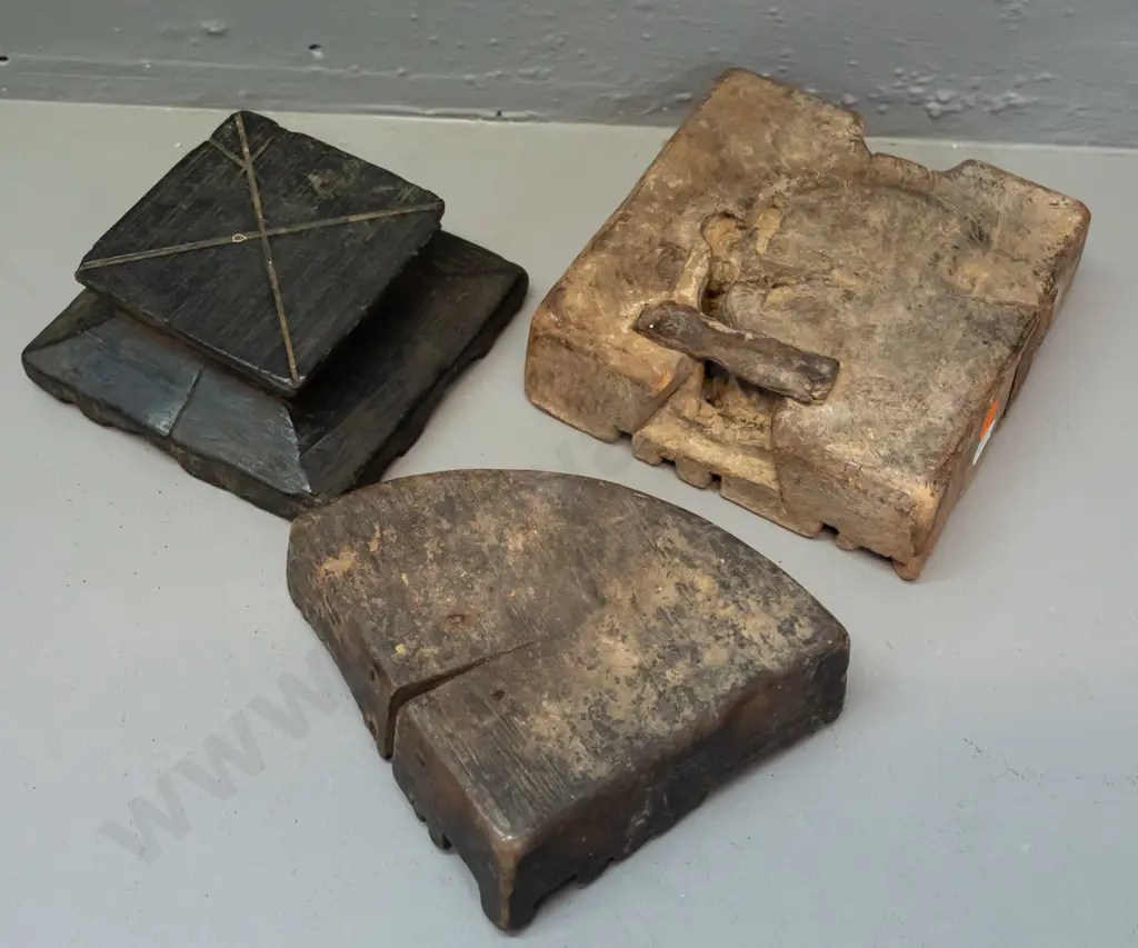 3 Afghani carved wood fabric printing blocks - age wear & cracks, largest is H-50 L-160 W-150 Image 1++