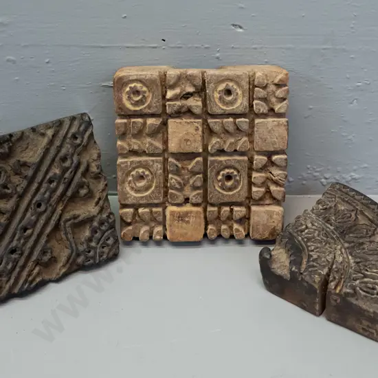 3 Afghani carved wood fabric printing blocks - age wear & cracks, largest is H-50 L-160 W-150