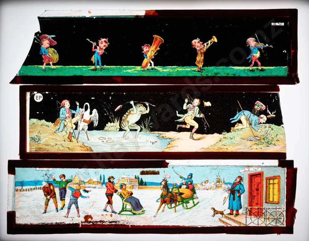 33 vintage lantern slides and a box for a magic lantern, no lantern included. Slides in 4 different sizes, largest are Image 1++