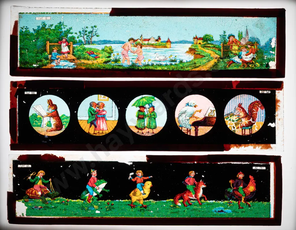 33 vintage lantern slides and a box for a magic lantern, no lantern included. Slides in 4 different sizes, largest are Image 1++