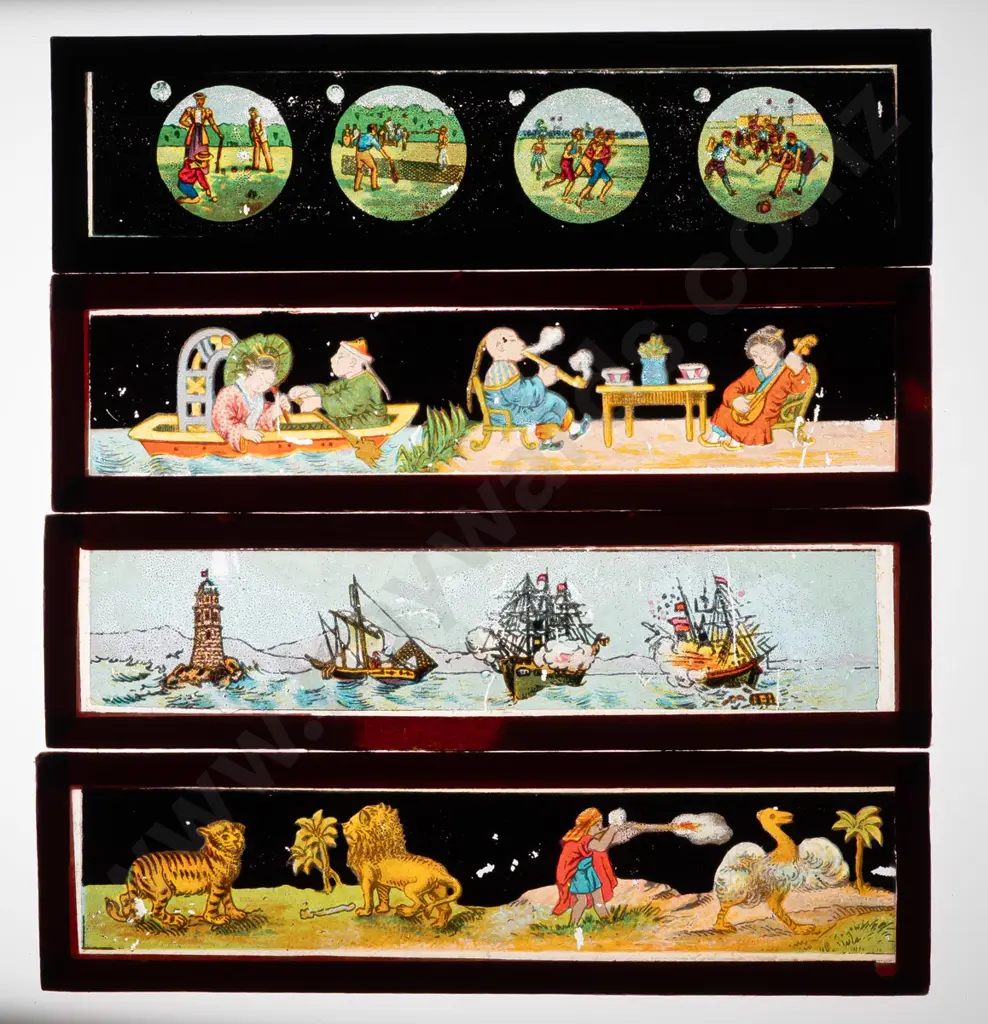 33 vintage lantern slides and a box for a magic lantern, no lantern included. Slides in 4 different sizes, largest are Image 1++