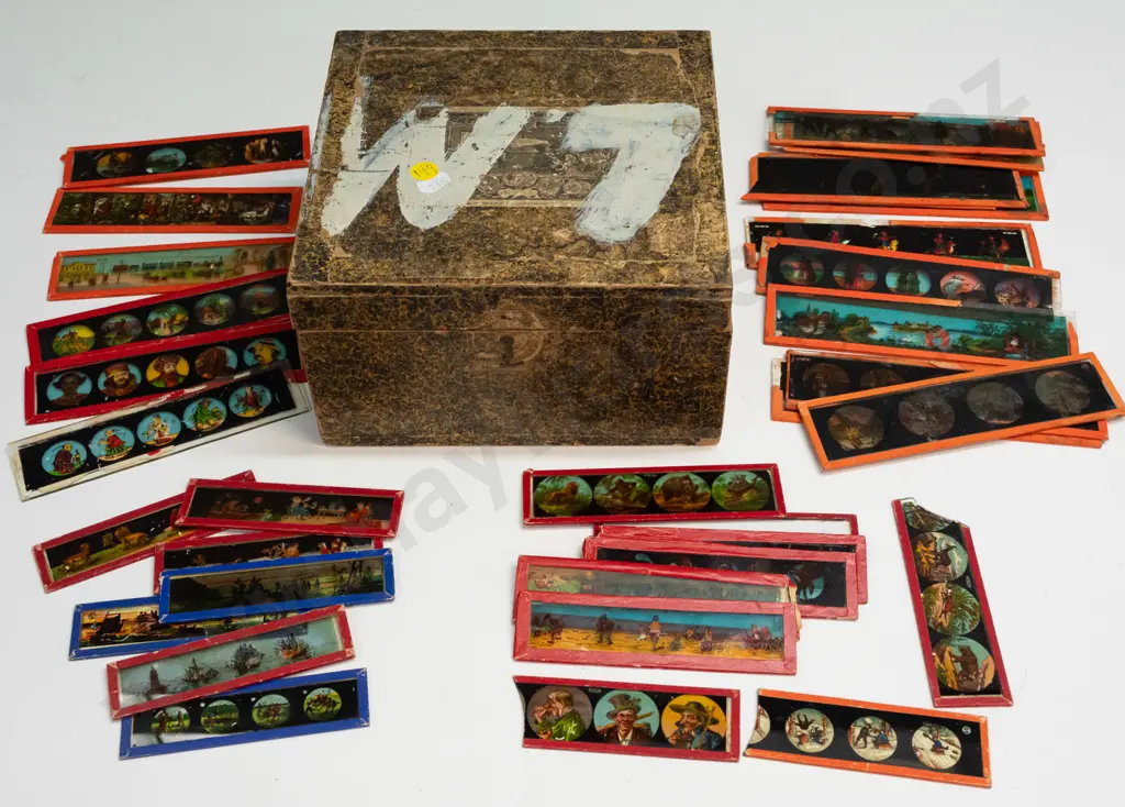 33 vintage lantern slides and a box for a magic lantern, no lantern included. Slides in 4 different sizes, largest are Image 1++