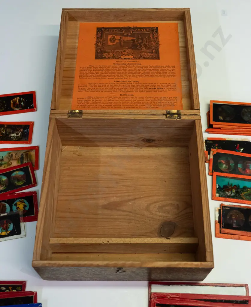 33 vintage lantern slides and a box for a magic lantern, no lantern included. Slides in 4 different sizes, largest are Image 1++