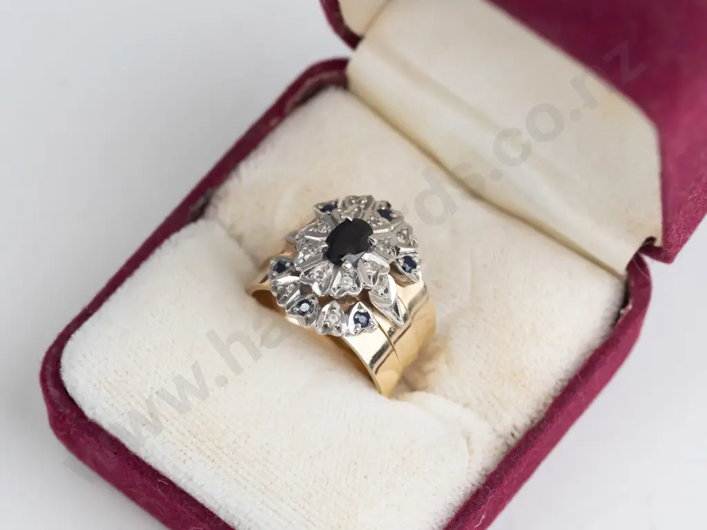 9ct 3 set rings trio with sapphire & diamonds 7.5gms Image 1++