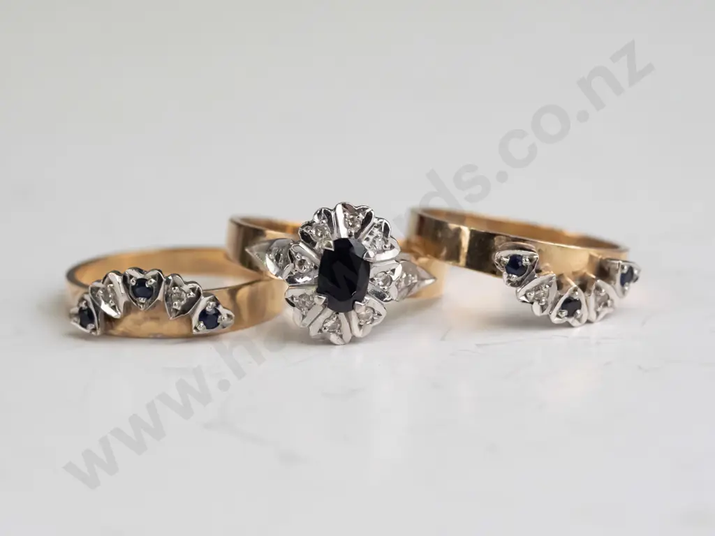 9ct 3 set rings trio with sapphire & diamonds 7.5gms Image 1++