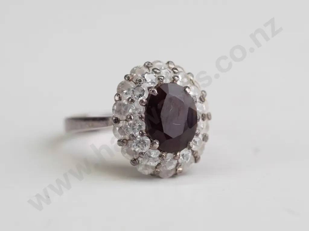 silver cluster ring, red  & white stones Image 1++