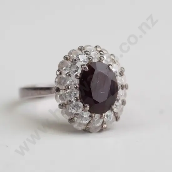 silver cluster ring, red  & white stones