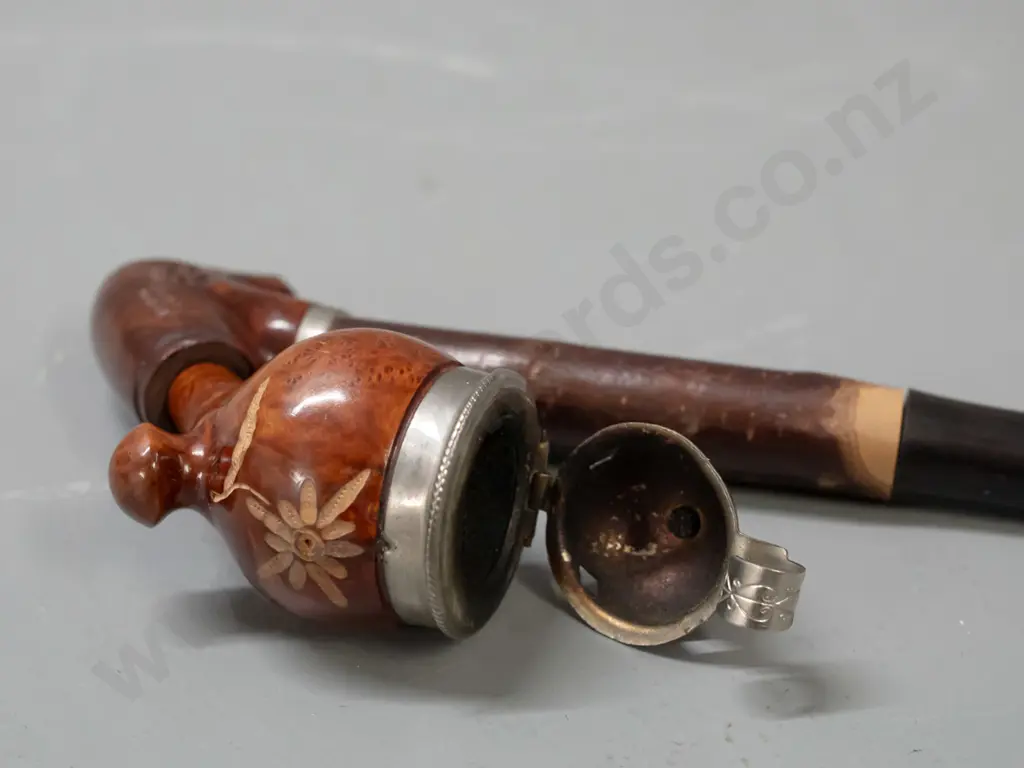 3 smoking pipes - vintage briar w/ carved goat head motif, marked Bruyere Garantie, and 2 moulded clay Image 1++
