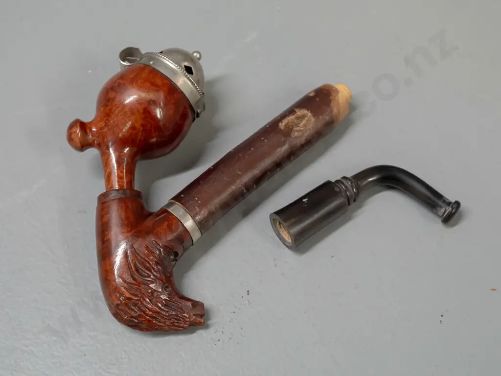 3 smoking pipes - vintage briar w/ carved goat head motif, marked Bruyere Garantie, and 2 moulded clay Image 1++