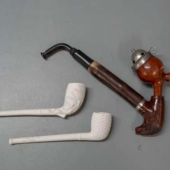 3 smoking pipes - vintage briar w/ carved goat head motif, marked Bruyere Garantie, and 2 moulded clay