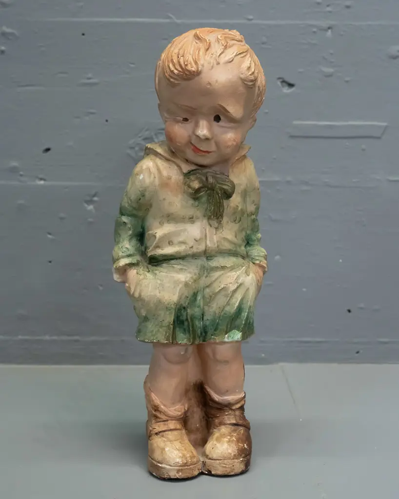 vintage plaster figure of a boy with comical expression - indecipherable mark to back of base, has touched up repair and Image 1++
