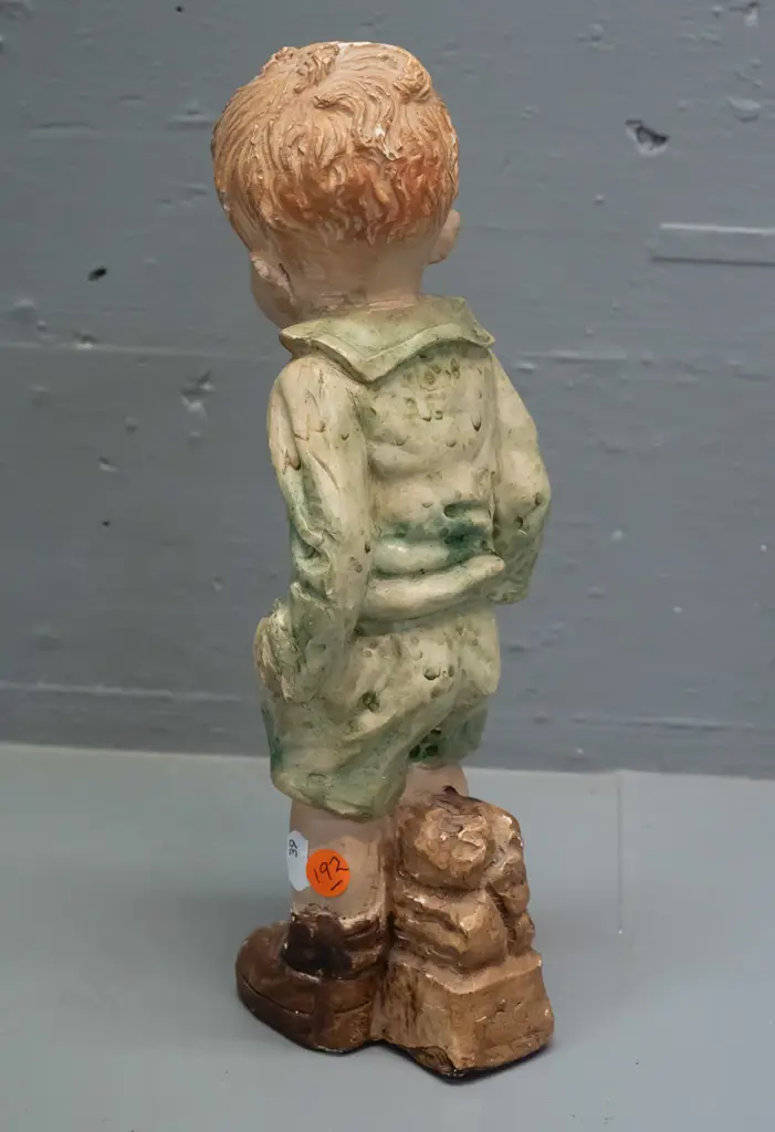 vintage plaster figure of a boy with comical expression - indecipherable mark to back of base, has touched up repair and Image 1++