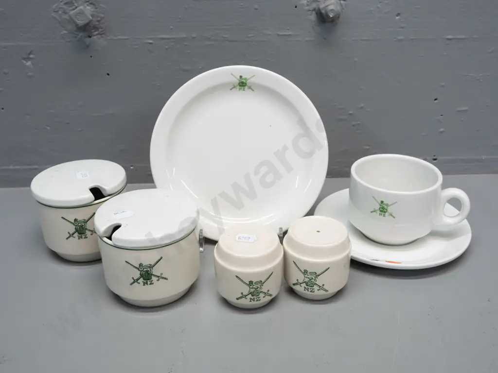 trio, salt & pepper and 2 lidded sugar bowls with New Zealand armed forces logo. Bristile Australia mark on trio, sugars Image 1++