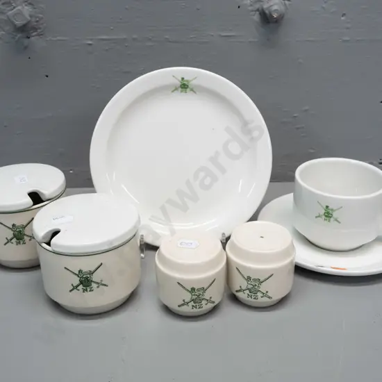 trio, salt & pepper and 2 lidded sugar bowls with New Zealand armed forces logo. Bristile Australia mark on trio, sugars