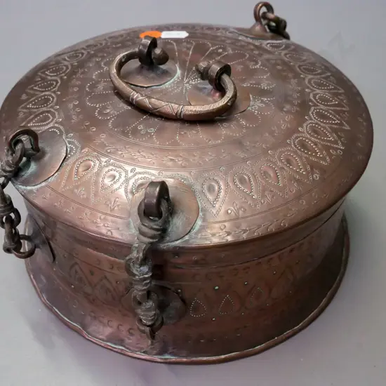 Indian copper circular lidded container with Persian-style decoration