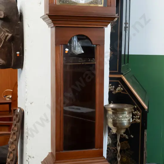 reproduction mahogany traditional style long-cased clock w/ brass and silvered dial, arched glazed door, brass and wood