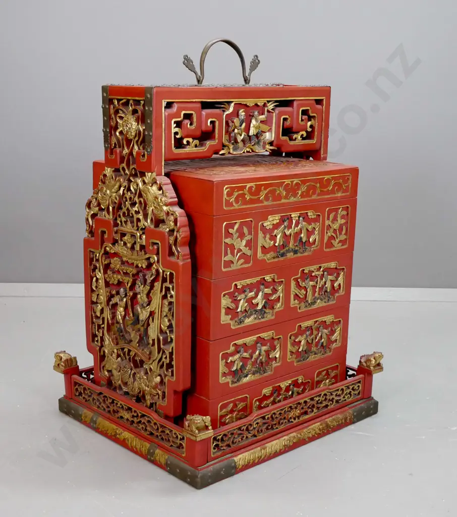 Chinese red lacquered wedding / food storage chest with carved, pierced and gilded decoration, metal binding and top Image 1++