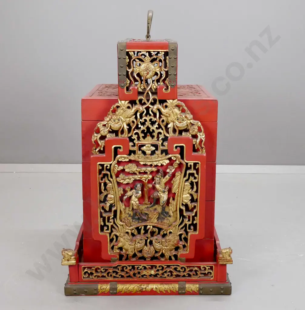 Chinese red lacquered wedding / food storage chest with carved, pierced and gilded decoration, metal binding and top Image 1++
