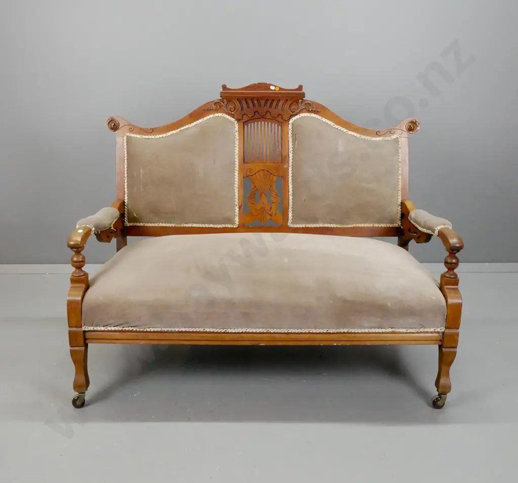 vintage European walnut 2-seater settee with pierced and carved back splat, shaped top rail, carved open arms, on Image 1++