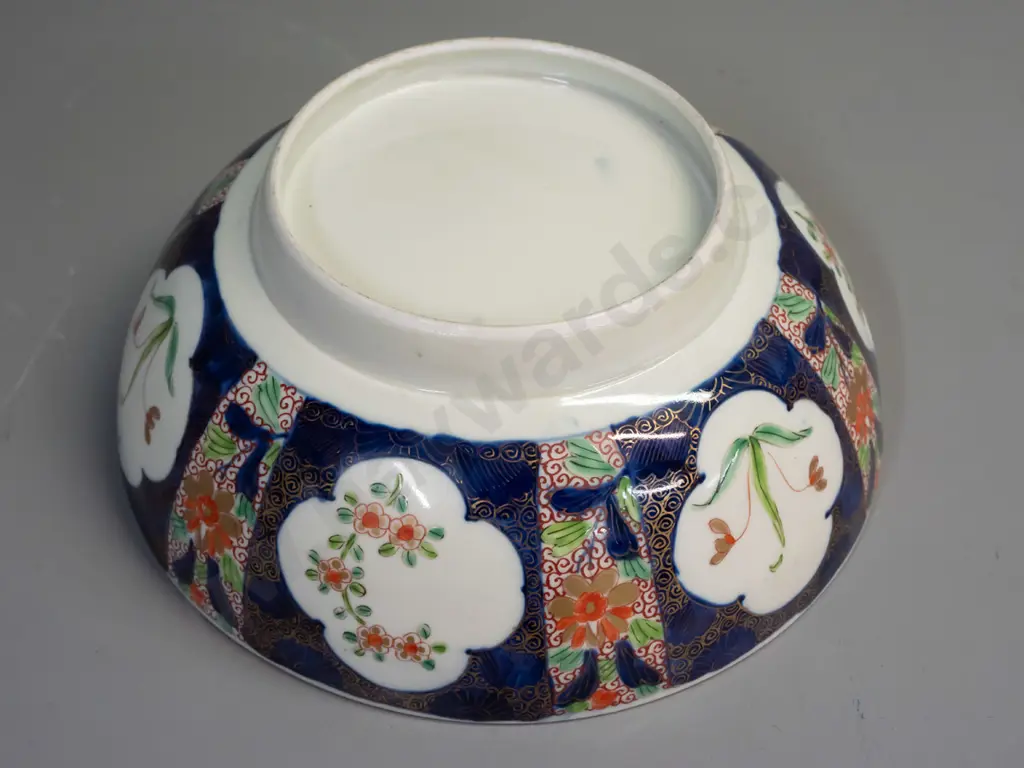 vintage Imari bowl with floral and foliate panels, no maker's marks, minor staining H-110 D-280 Image 1++