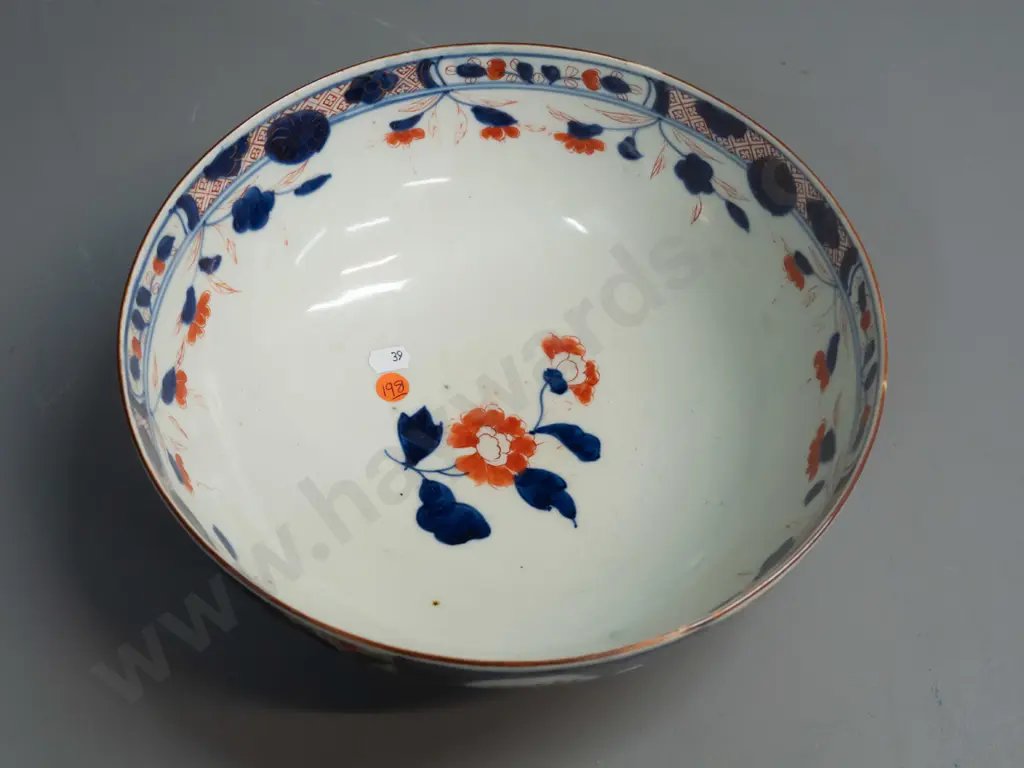 vintage Imari bowl with floral and foliate panels, no maker's marks, minor staining H-110 D-280 Image 1++