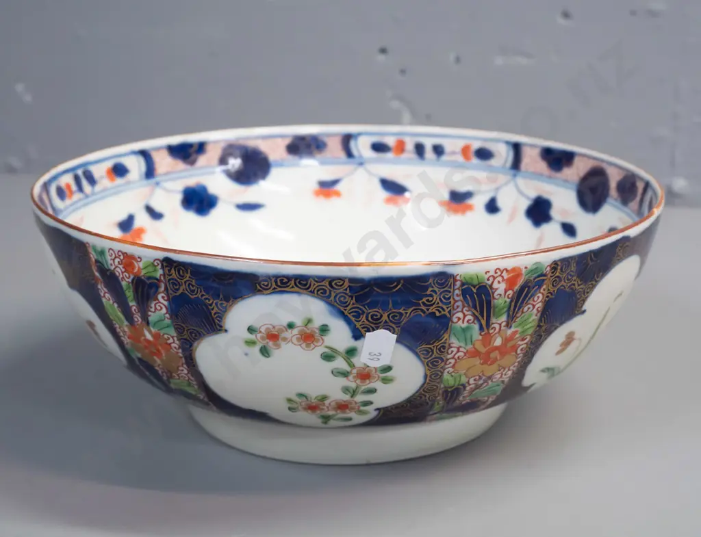 vintage Imari bowl with floral and foliate panels, no maker's marks, minor staining H-110 D-280 Image 1++