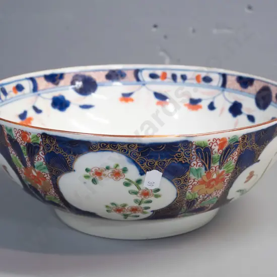 vintage Imari bowl with floral and foliate panels, no maker's marks, minor staining H-110 D-280