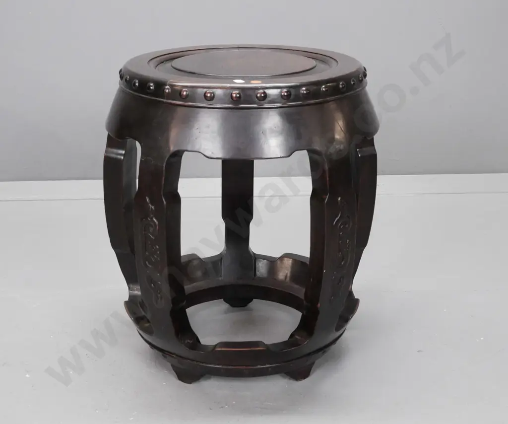 vintage Chinese hardwood drum stool with carved faux studding and dragon motifs - some wear to edges, minor Image 1++