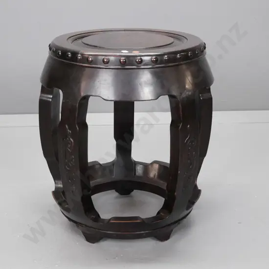 vintage Chinese hardwood drum stool with carved faux studding and dragon motifs - some wear to edges, minor