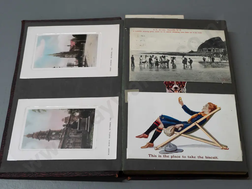 vintage album of greeting and photo postcards including many South Island - Timaru, Waikouaiti, Dunedin, Clyde, Fairlie, Image 1++