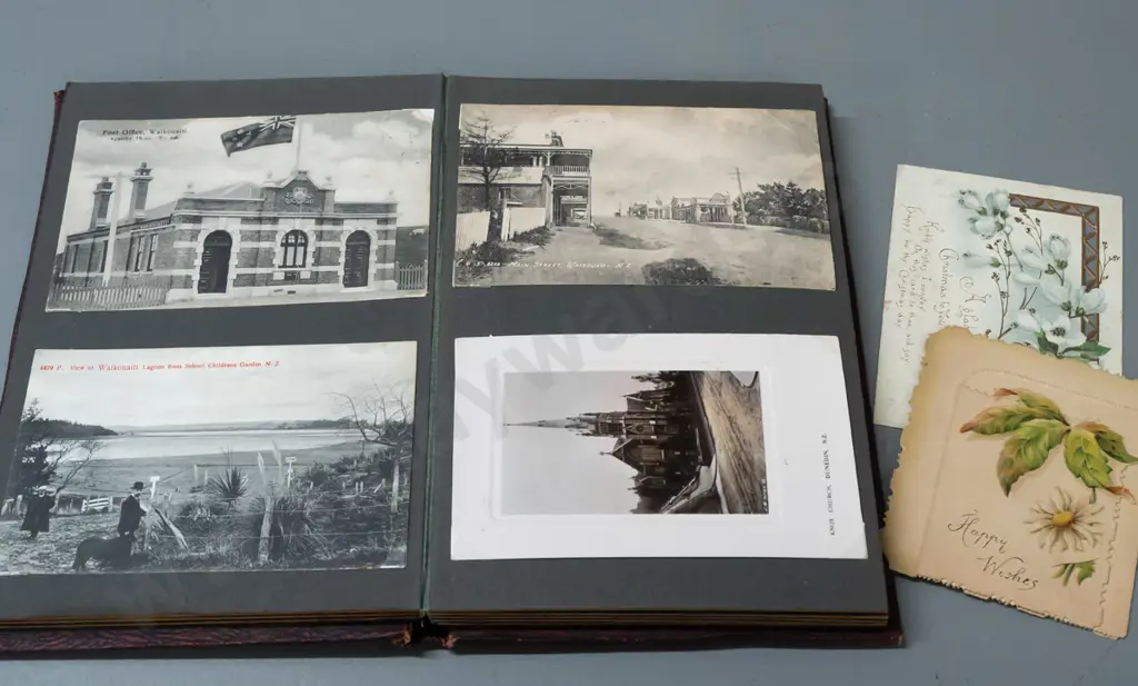 vintage album of greeting and photo postcards including many South Island - Timaru, Waikouaiti, Dunedin, Clyde, Fairlie, Image 1++
