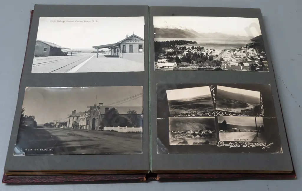 vintage album of greeting and photo postcards including many South Island - Timaru, Waikouaiti, Dunedin, Clyde, Fairlie, Image 1++