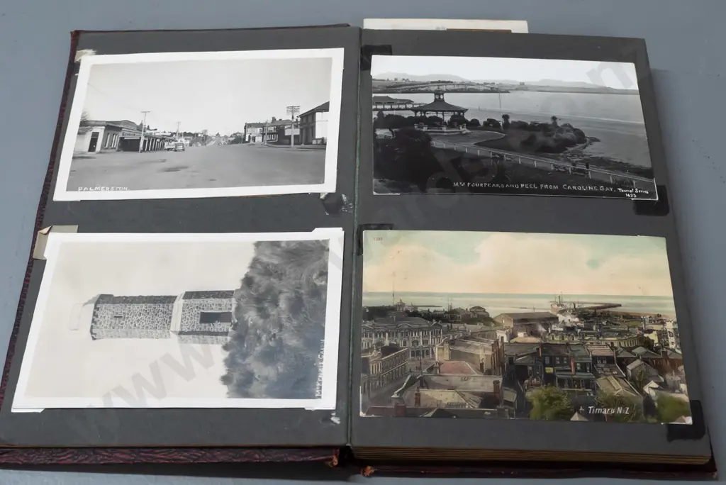 vintage album of greeting and photo postcards including many South Island - Timaru, Waikouaiti, Dunedin, Clyde, Fairlie, Image 1++