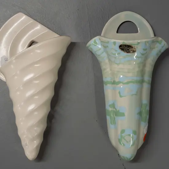 2 vintage Beswick wall pocket vases - ridged shell motif H-220 and a mottled blue green and cream basket