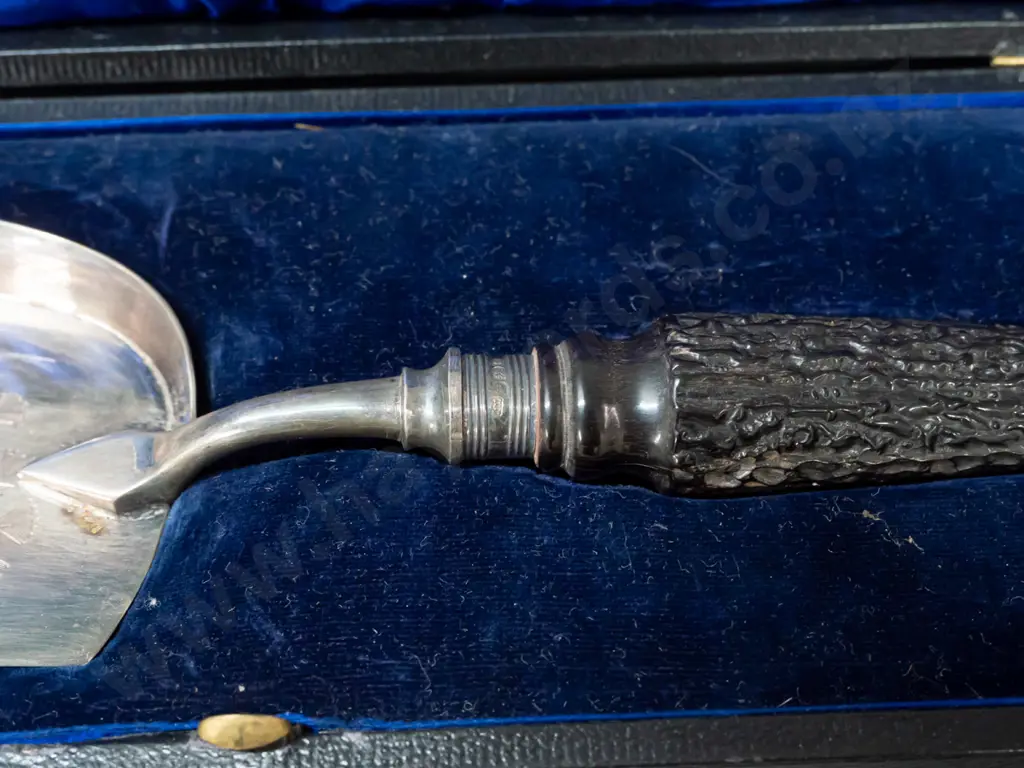 2 cased cutlery items: serving slice with faux antler handle and hallmarked sterling silver collar and a bone handled Image 1++