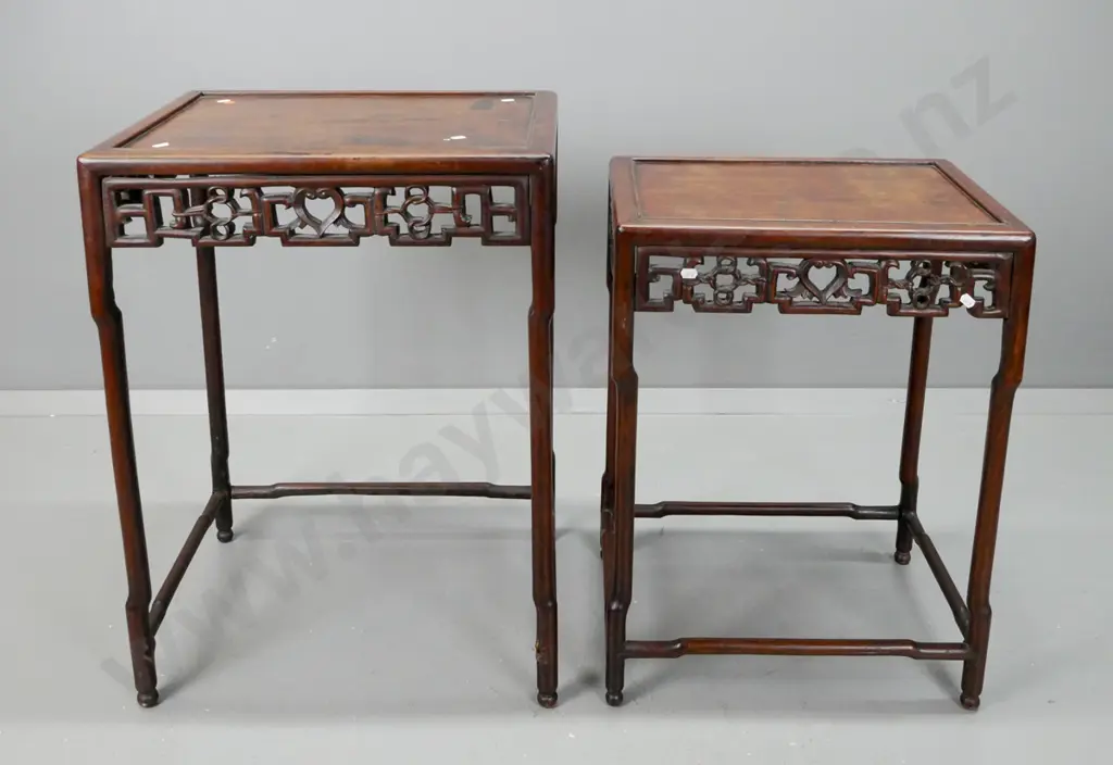 2 vintage asian hardwood side tables with stretcher base, pierced geometric side panels, panelled top. Larger is missing Image 1++