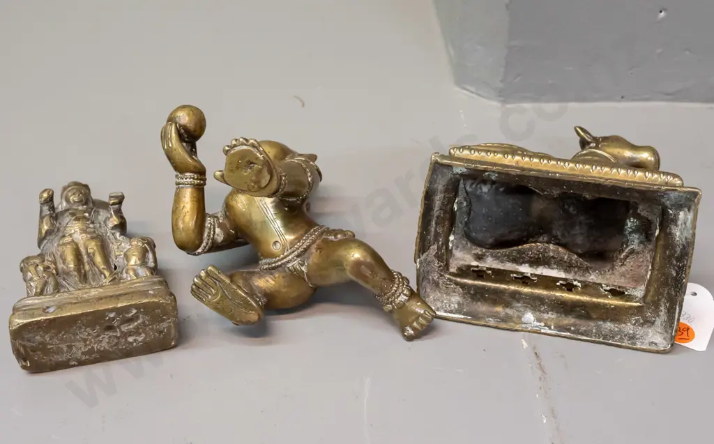 3 Indian brass figures - solid cast Krishna with butter ball, hollow cast kneeling cow H-120 L-120 W-80 and a solid cast Image 1++