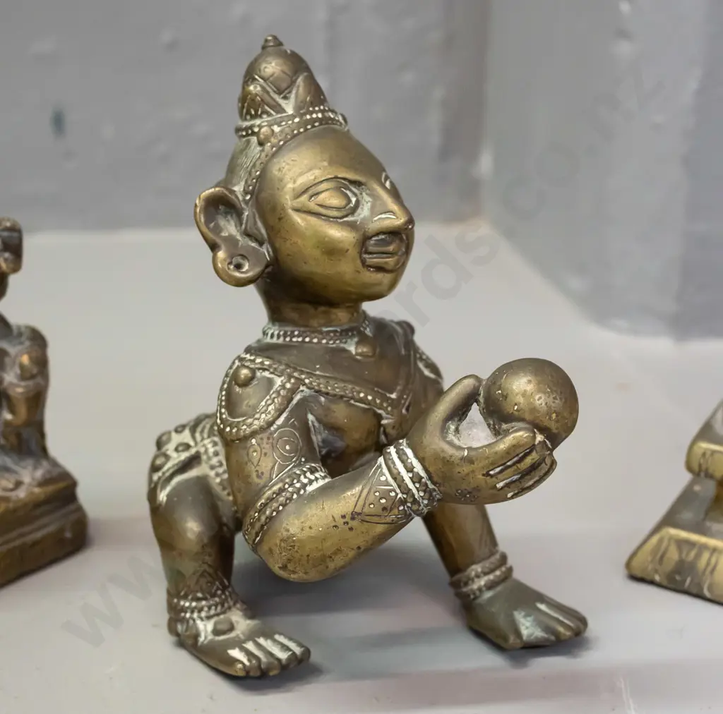 3 Indian brass figures - solid cast Krishna with butter ball, hollow cast kneeling cow H-120 L-120 W-80 and a solid cast Image 1++