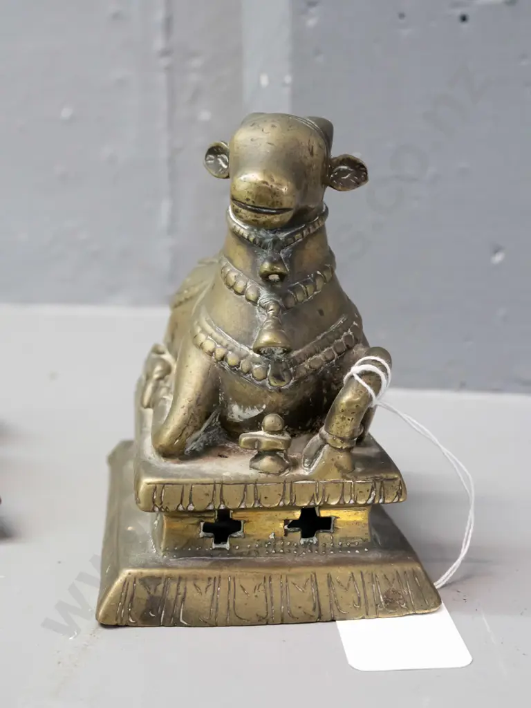3 Indian brass figures - solid cast Krishna with butter ball, hollow cast kneeling cow H-120 L-120 W-80 and a solid cast Image 1++