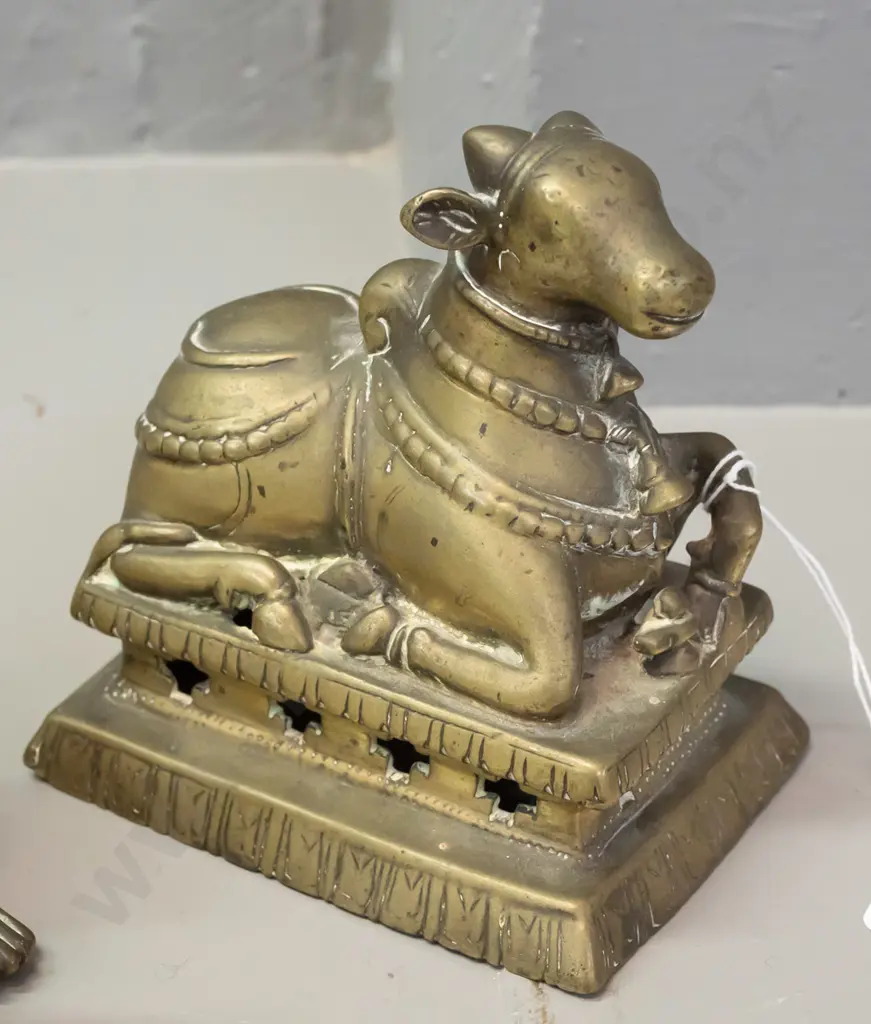 3 Indian brass figures - solid cast Krishna with butter ball, hollow cast kneeling cow H-120 L-120 W-80 and a solid cast Image 1++